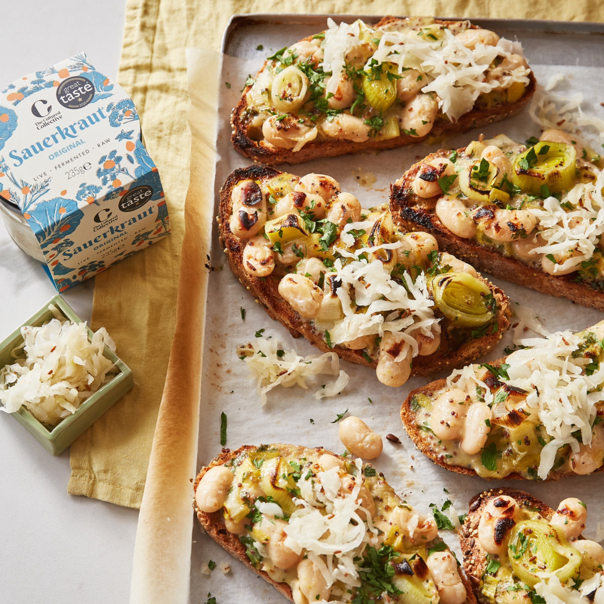 Vegan Creamy Butter Beans & Leeks on Toast with Sauerkraut The